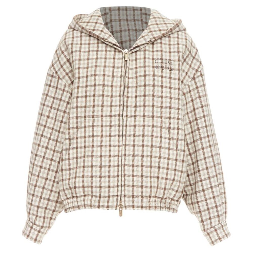 Miu Miu cocoa brown check logo hooded blouson jacket